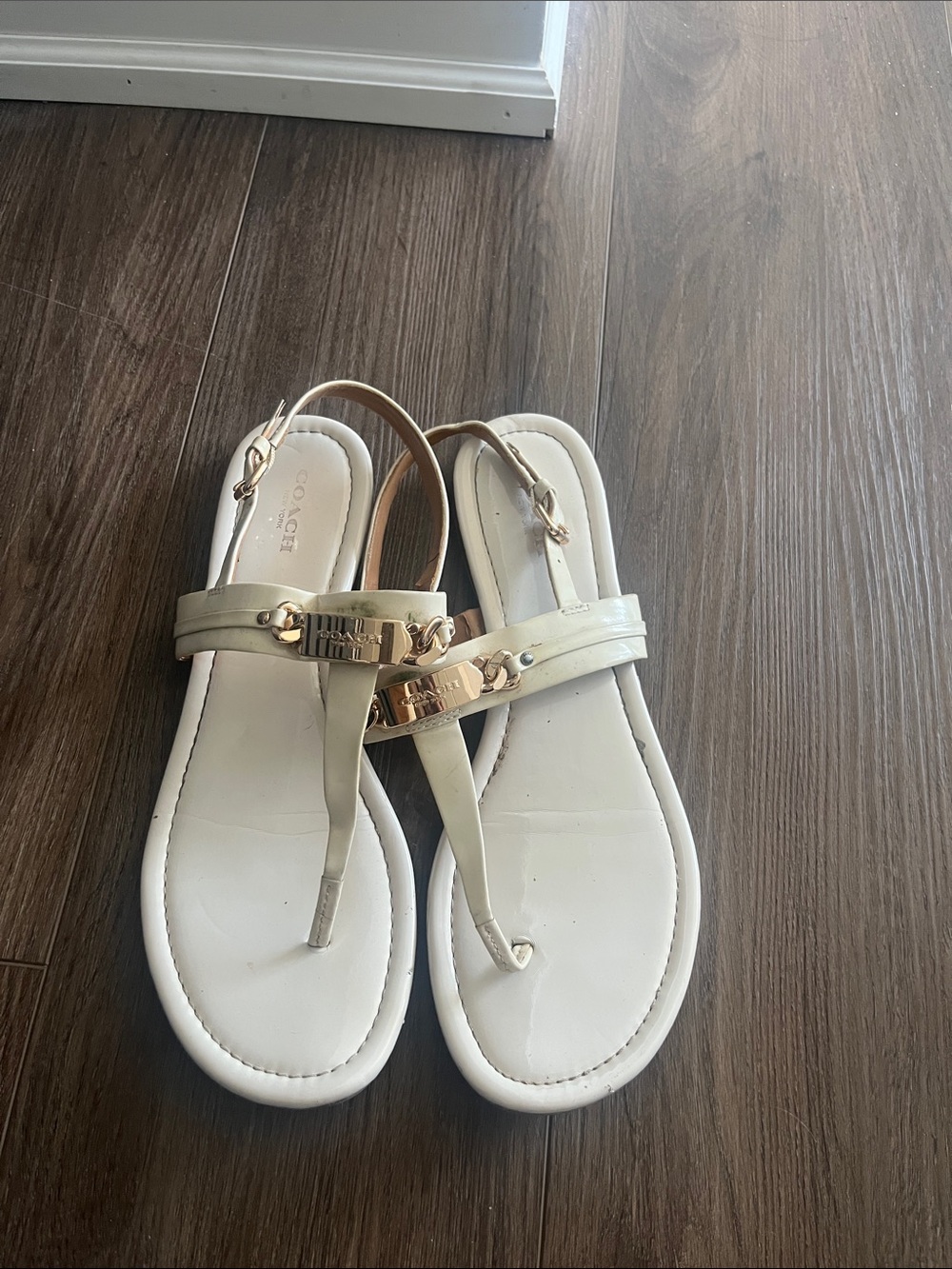 Coach Cream and White Leather Thong Sandals with Gold Accent